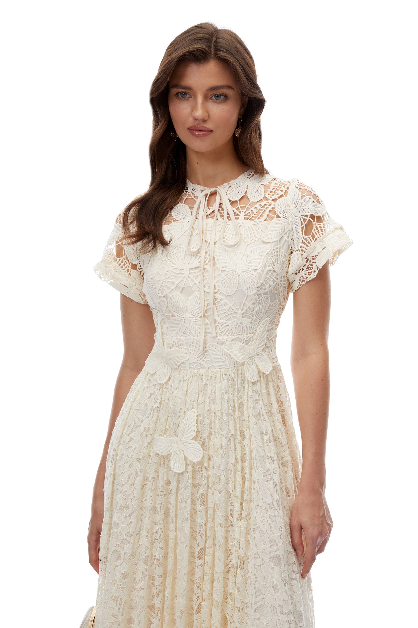 Dahlia White Floral Lace Maxi Dress with Butterfly Applique