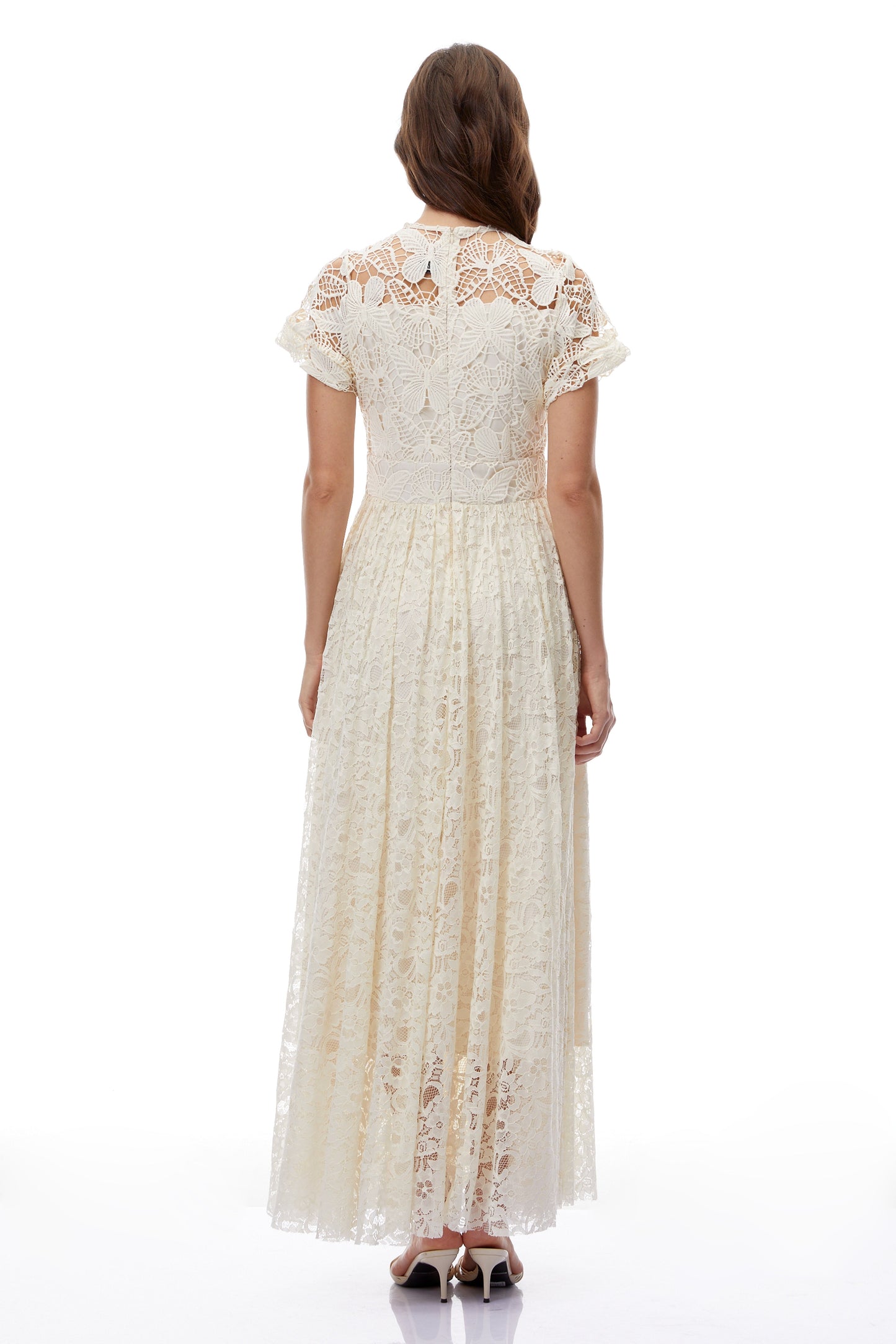 Dahlia White Floral Lace Maxi Dress with Butterfly Applique