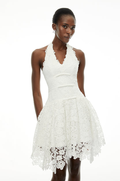 Daisy White V-Neck Floral Lace Mini Dress with Bow