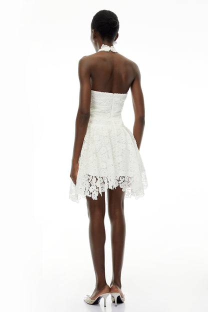 Daisy White V-Neck Floral Lace Mini Dress with Bow