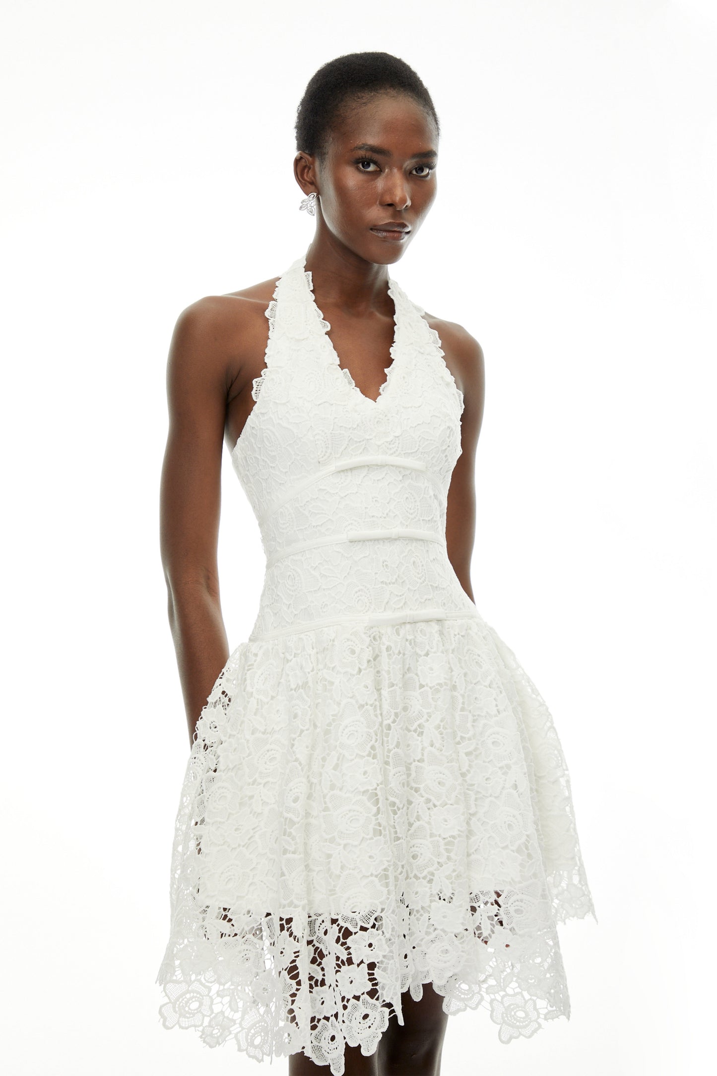Daisy White V-Neck Floral Lace Mini Dress with Bow