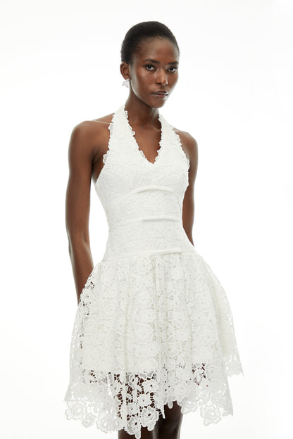Daisy White V-Neck Floral Lace Mini Dress with Bow