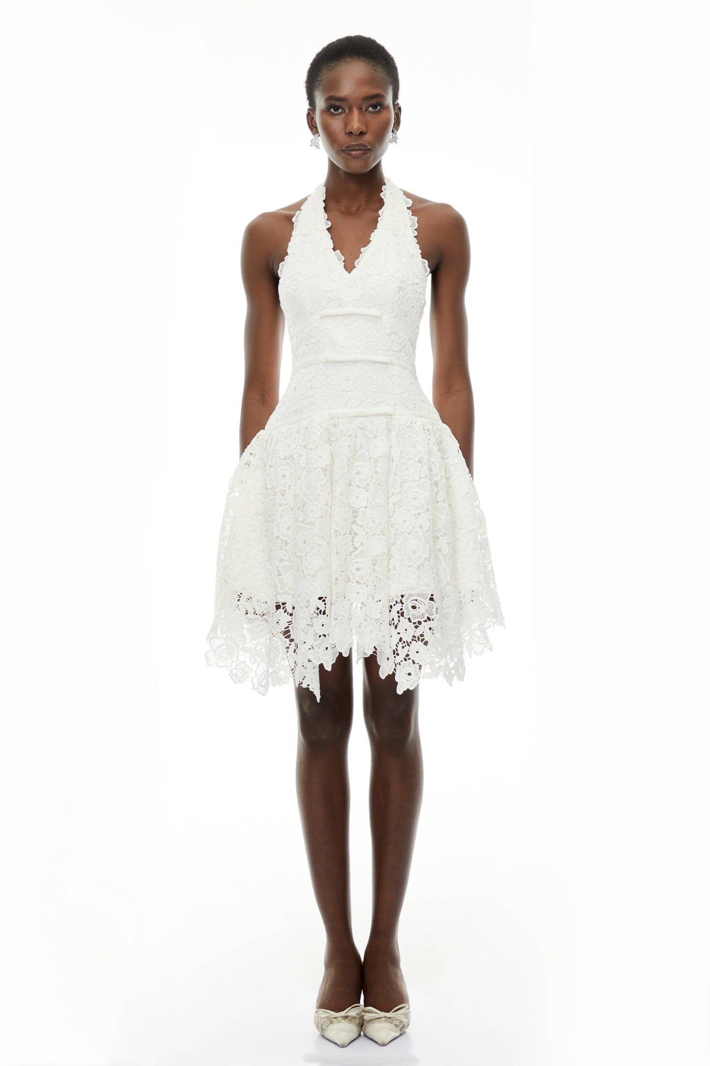 Daisy White V-Neck Floral Lace Mini Dress with Bow