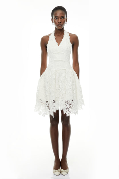 Daisy White V-Neck Floral Lace Mini Dress with Bow