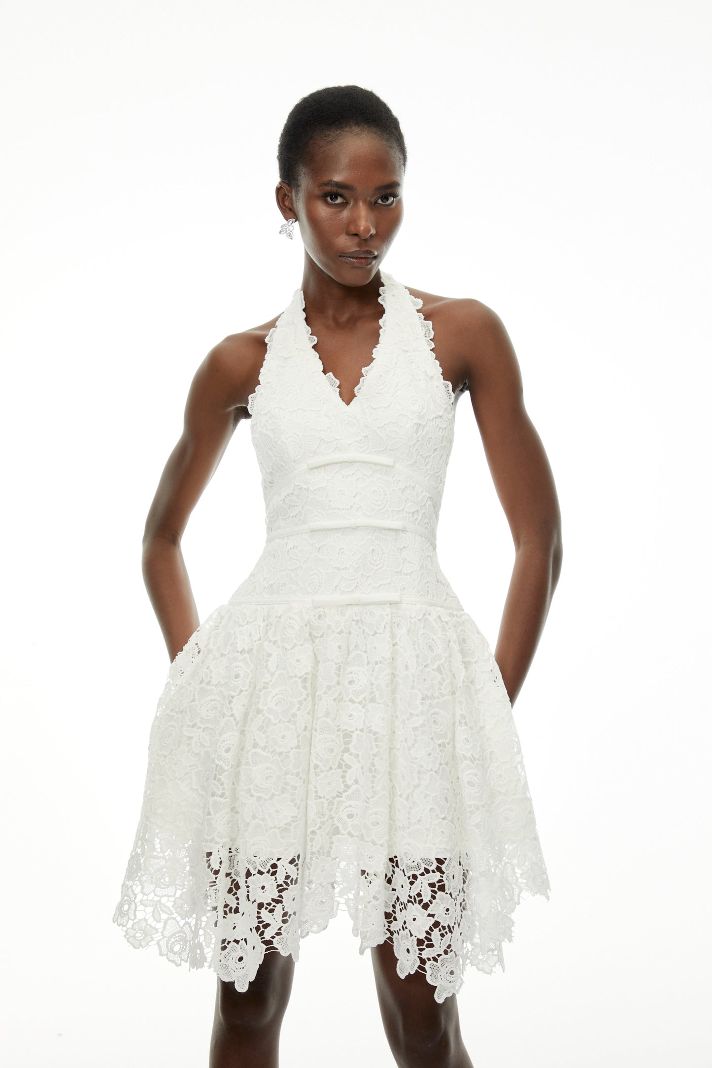 Daisy White V-Neck Floral Lace Mini Dress with Bow