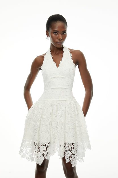 Daisy White V-Neck Floral Lace Mini Dress with Bow