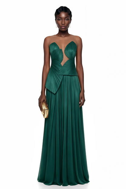 Dalila Green Backless Asymmetrical Ruched Maxi Dress