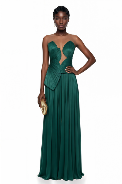 Dalila Green Backless Asymmetrical Ruched Maxi Dress