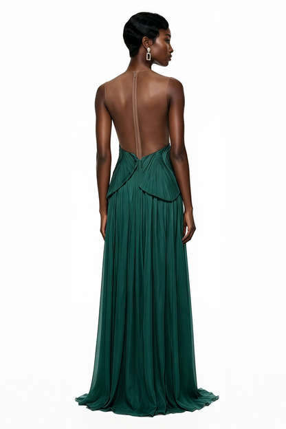 Dalila Green Backless Asymmetrical Ruched Maxi Dress