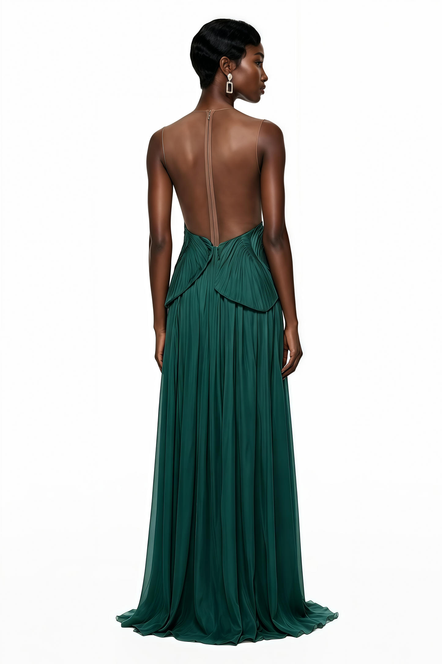 Dalila Green Backless Asymmetrical Ruched Maxi Dress