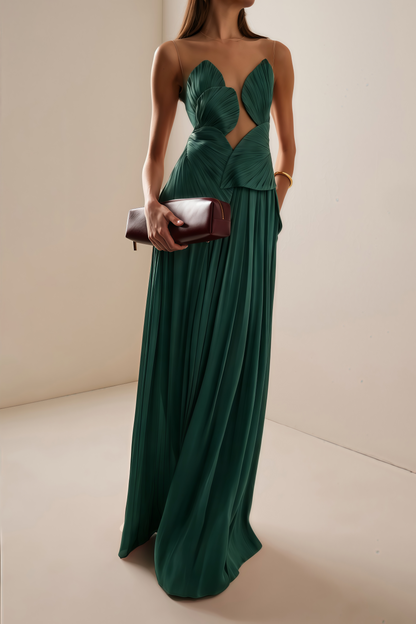 Dalila Green Backless Asymmetrical Ruched Maxi Dress