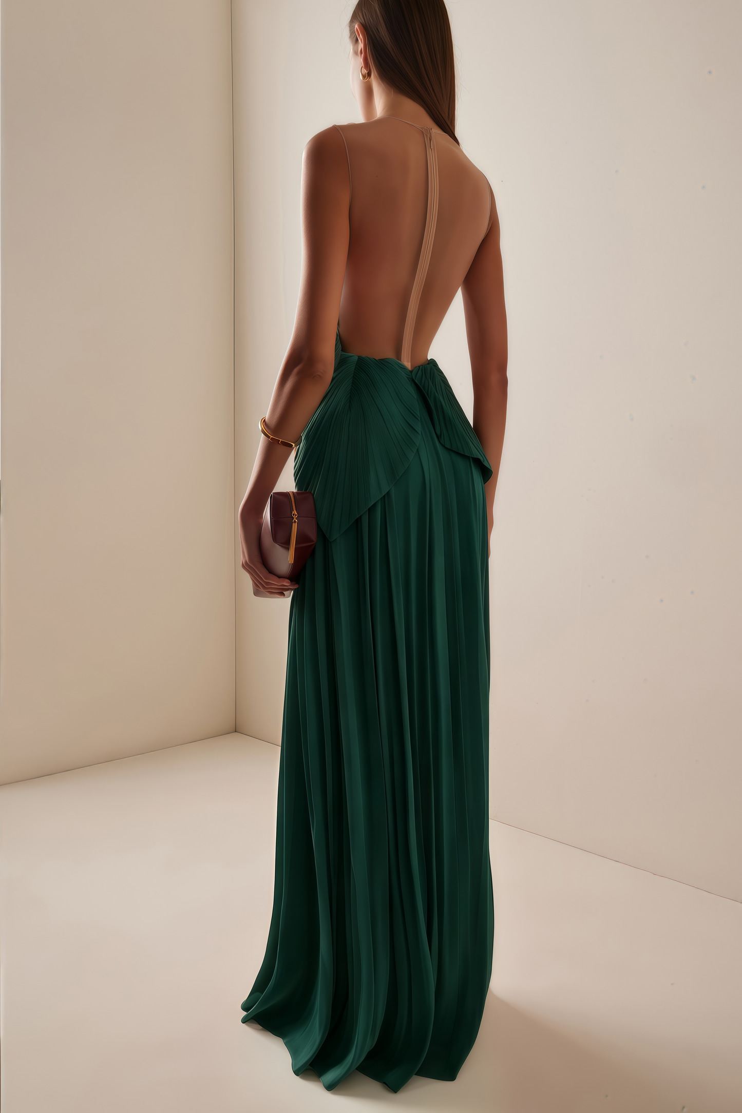 Dalila Green Backless Asymmetrical Ruched Maxi Dress