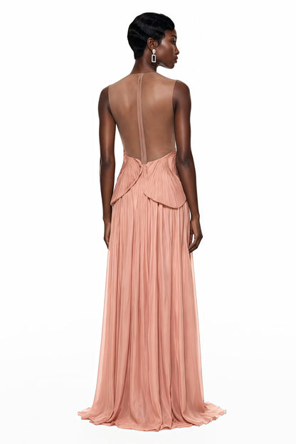 Dalila Pink Backless Asymmetrical Ruched Maxi Dress
