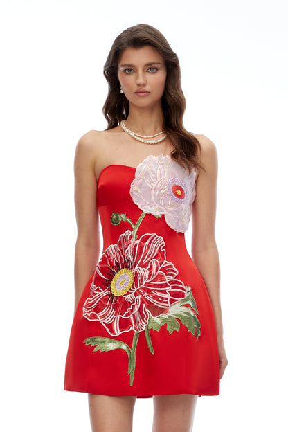 Damaris Red Flora Embroidered Mini Dress