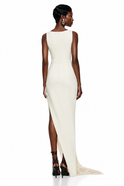 Damla Cream Asymmetrical Maxi Dress with Fringe