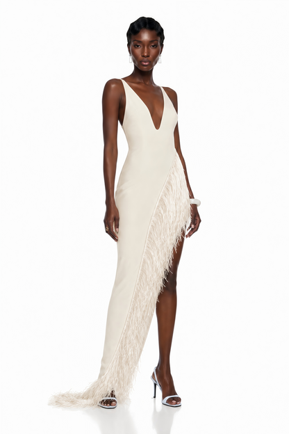 Damla Cream Asymmetrical Maxi Dress with Fringe
