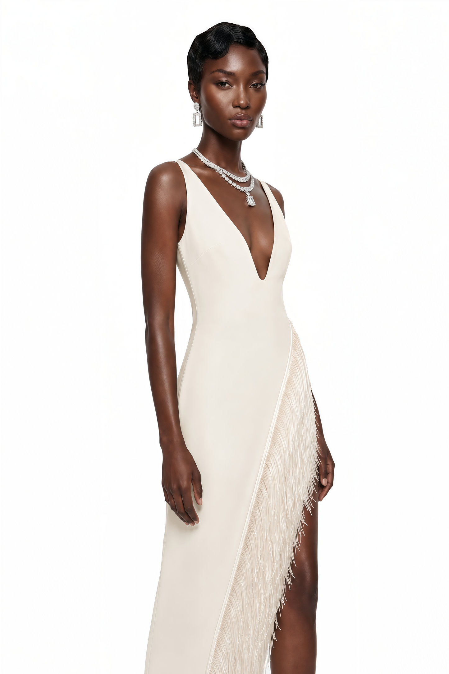 Damla Cream Asymmetrical Maxi Dress with Fringe