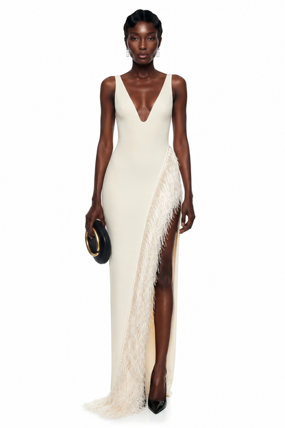 Damla Cream Asymmetrical Maxi Dress with Fringe