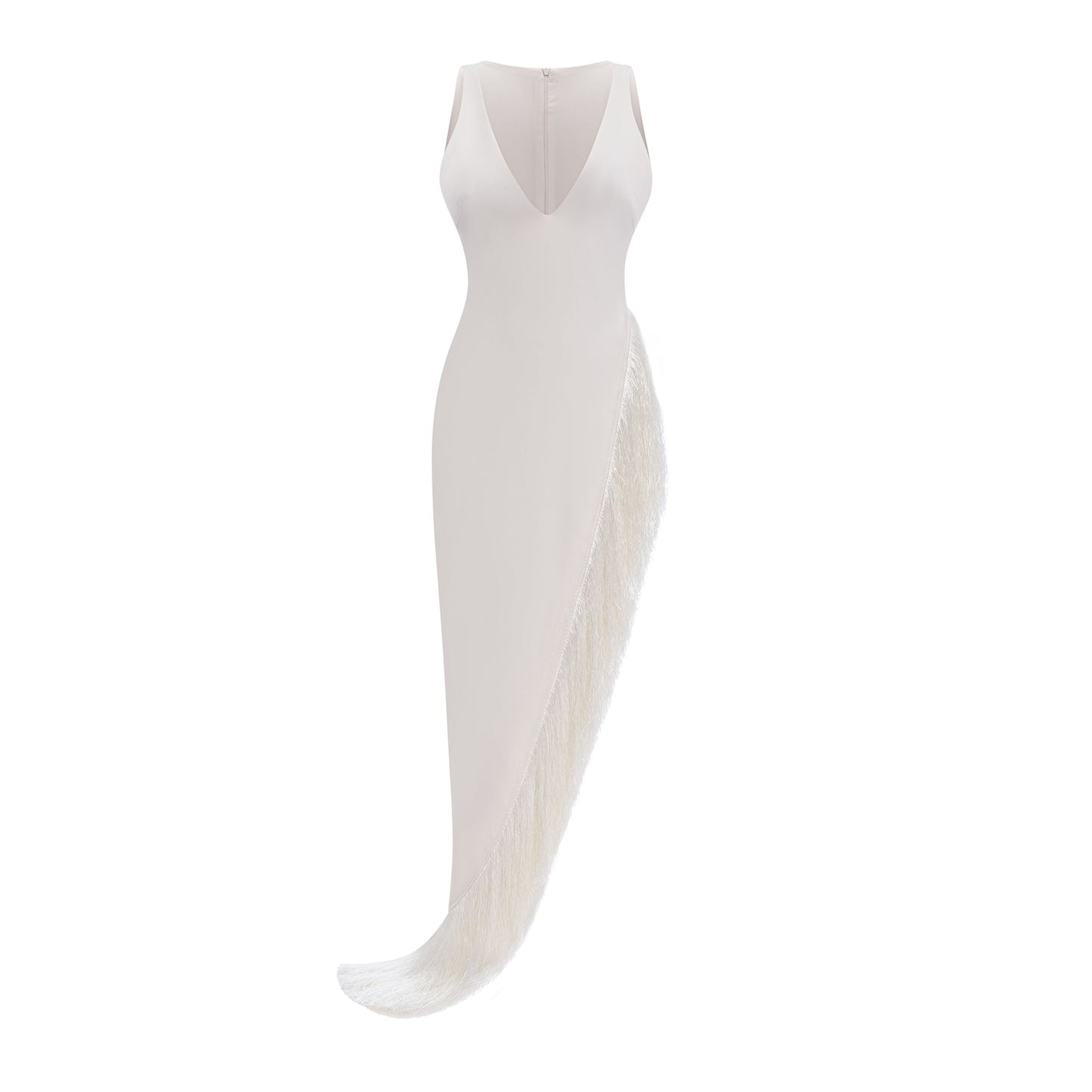 Damla Cream Asymmetrical Maxi Dress with Fringe