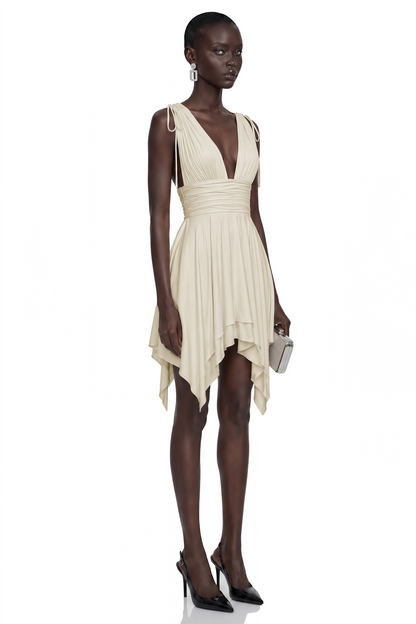 Damla Neutral Asymmetrical Ruched Mini Dress