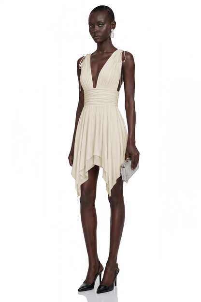 Damla Neutral Asymmetrical Ruched Mini Dress