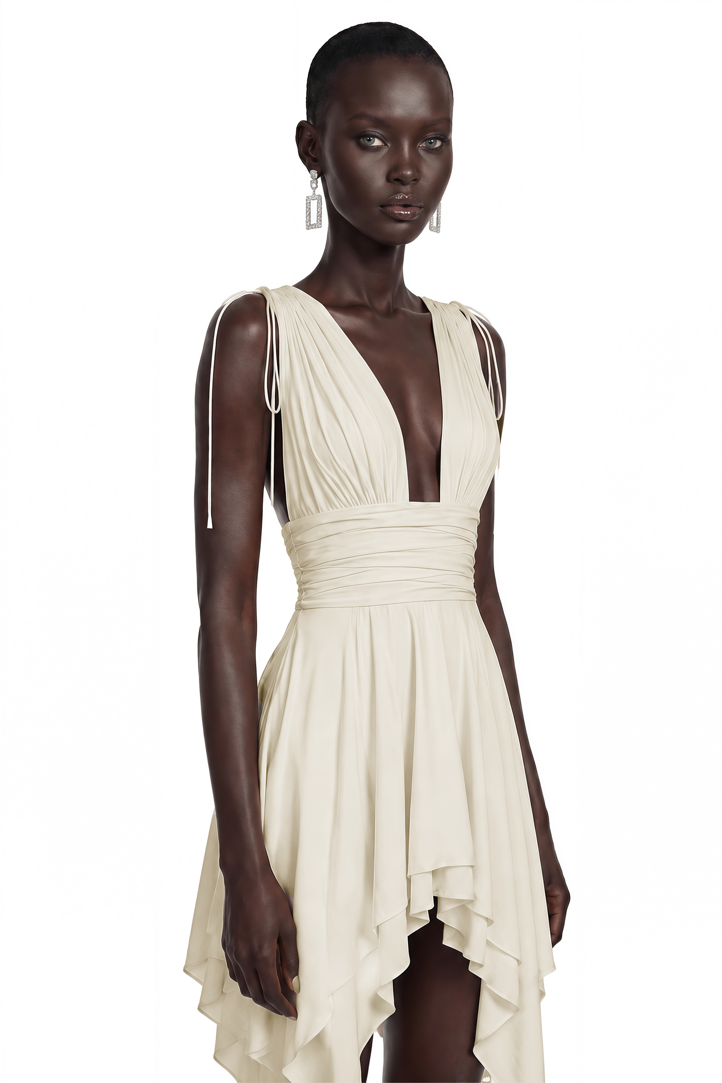Damla Neutral Asymmetrical Ruched Mini Dress