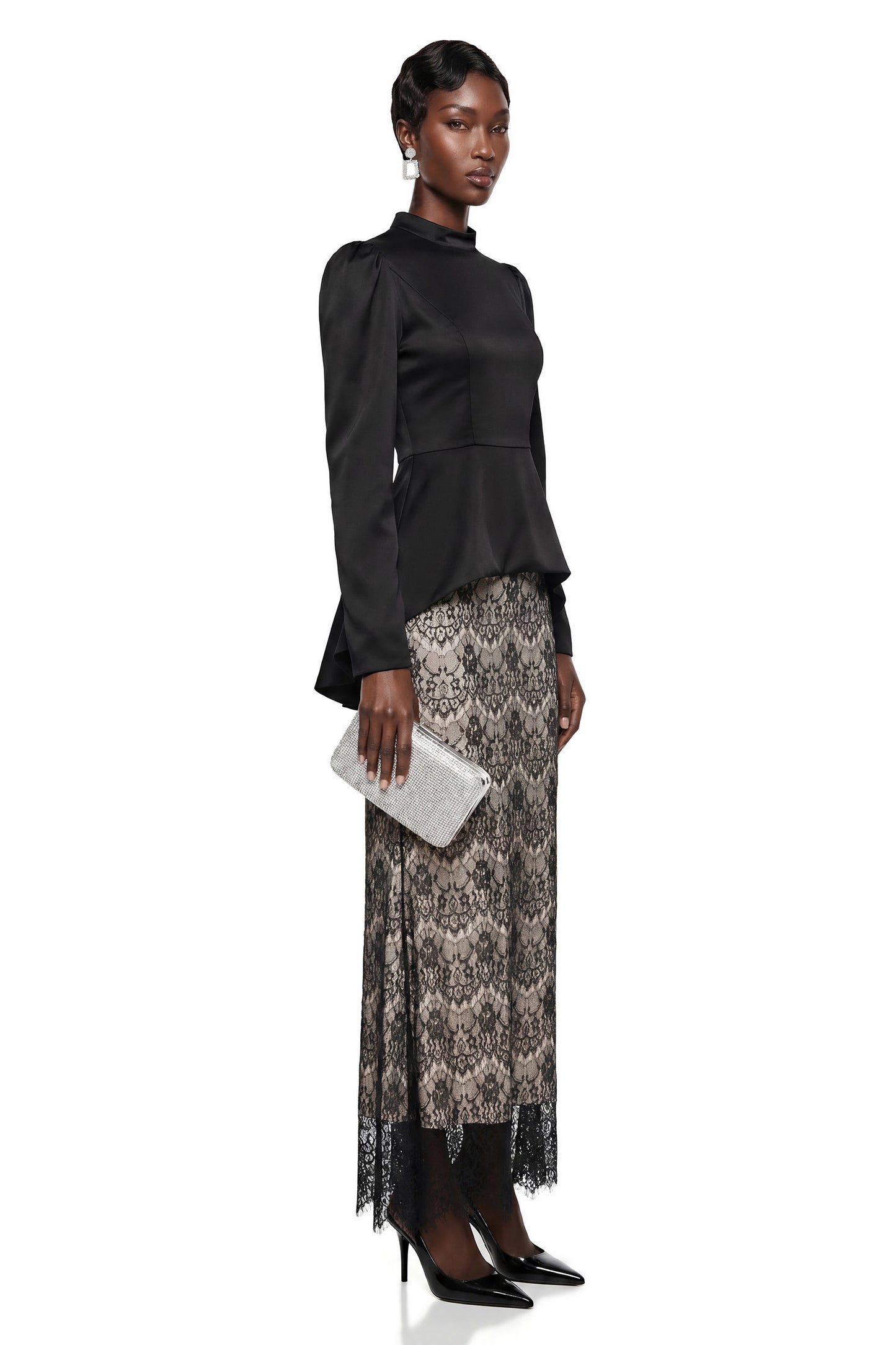 Deborah Dantel Panelli Siyah Balıkçı Yaka Uzun Elbise
