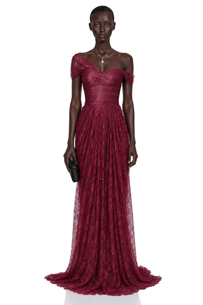 Defne Burgundy One Shoulder Ruched Lace Maxi Dress