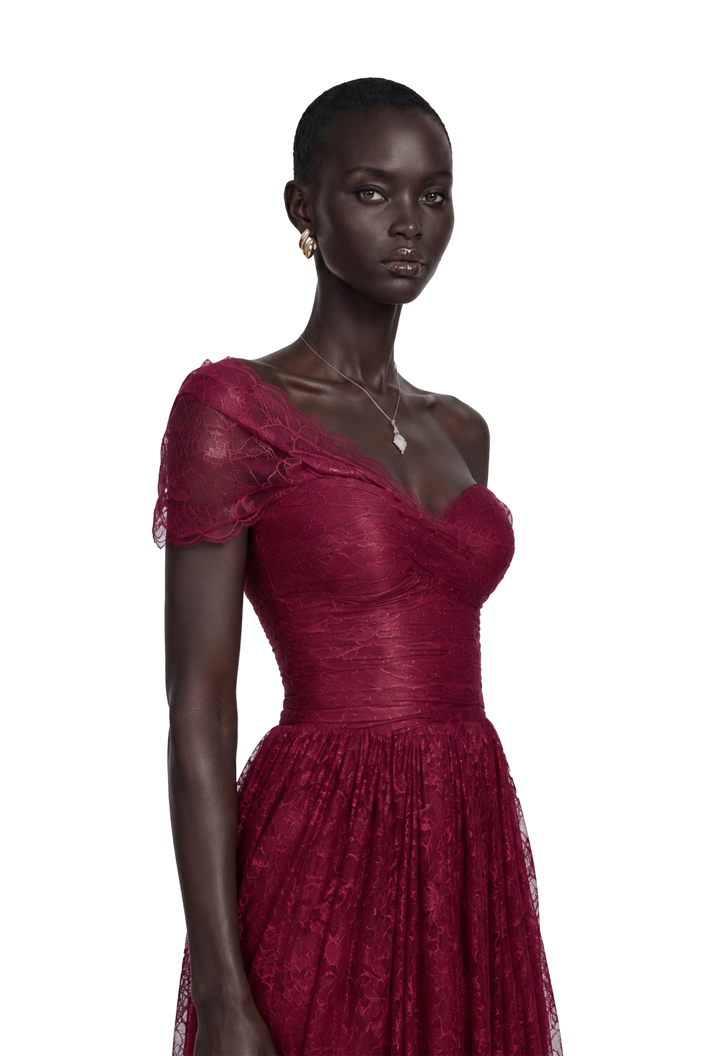 Defne Burgundy One Shoulder Ruched Lace Maxi Dress