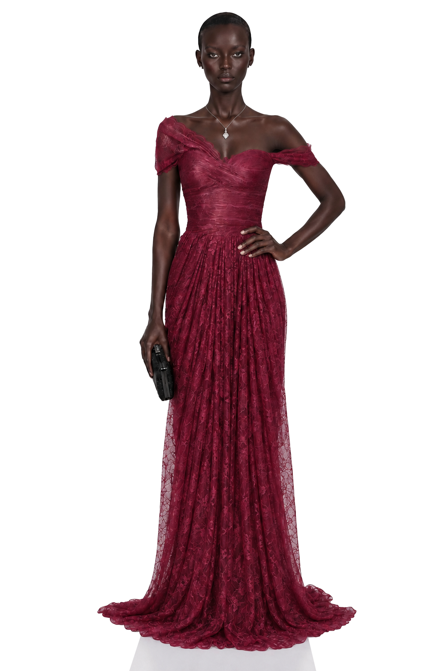 Defne Burgundy One Shoulder Ruched Lace Maxi Dress