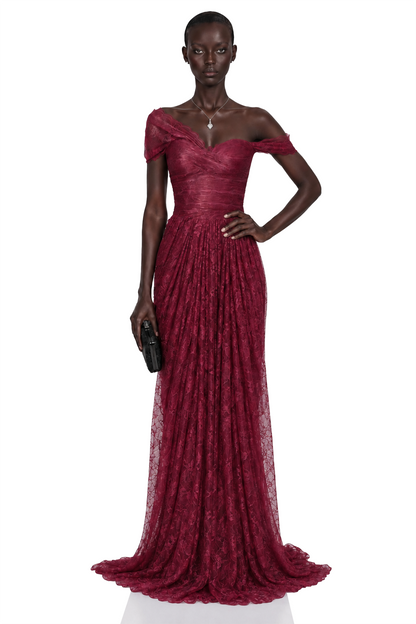 Defne Burgundy One Shoulder Ruched Lace Maxi Dress