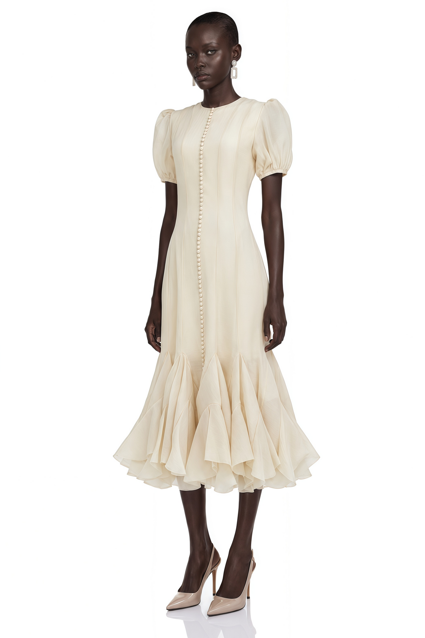 Defne Cream Ruffled Pleated Maxi Dress