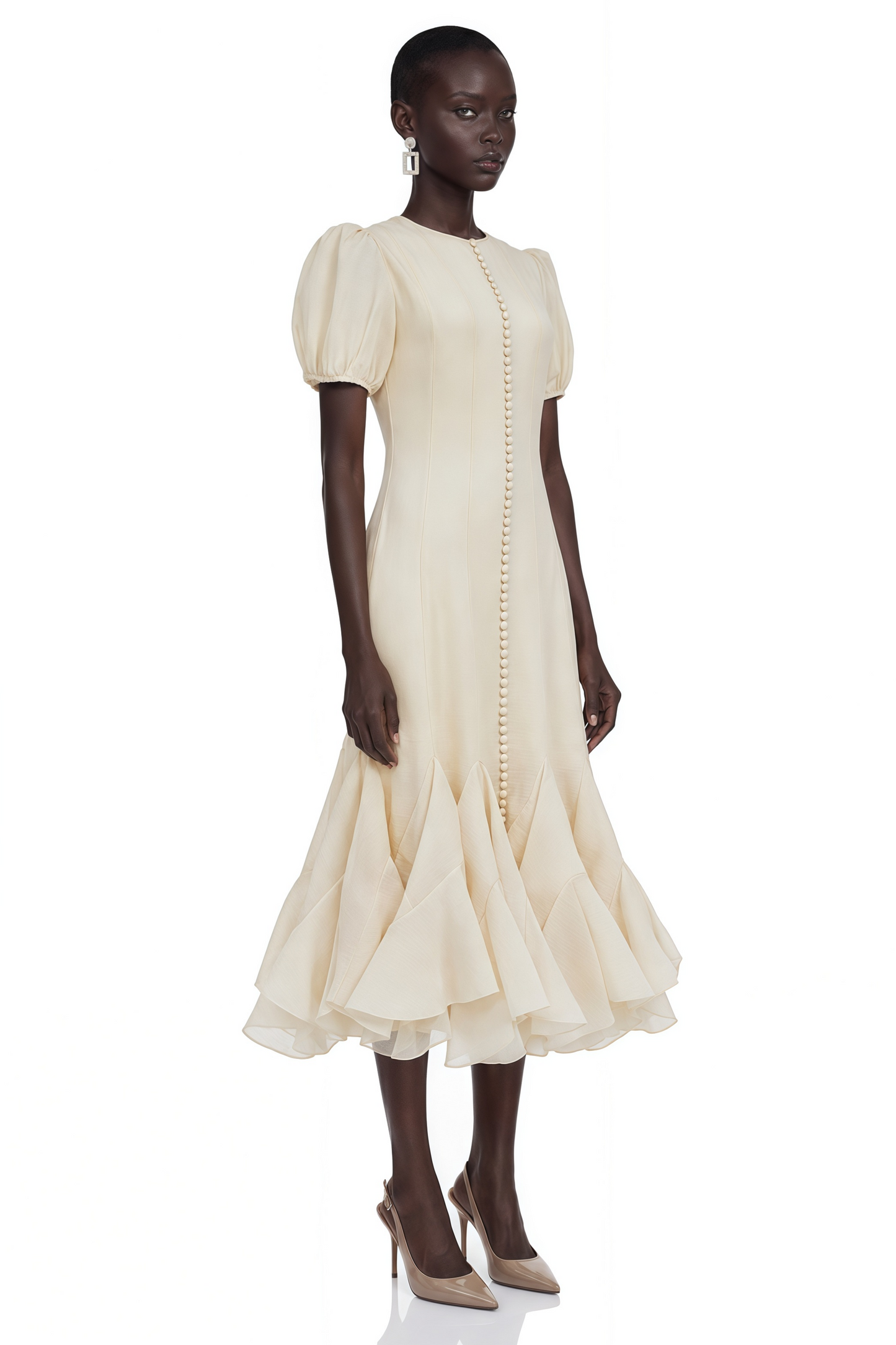 Defne Cream Ruffled Pleated Maxi Dress