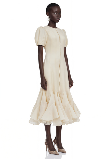 Defne Cream Ruffled Pleated Maxi Dress