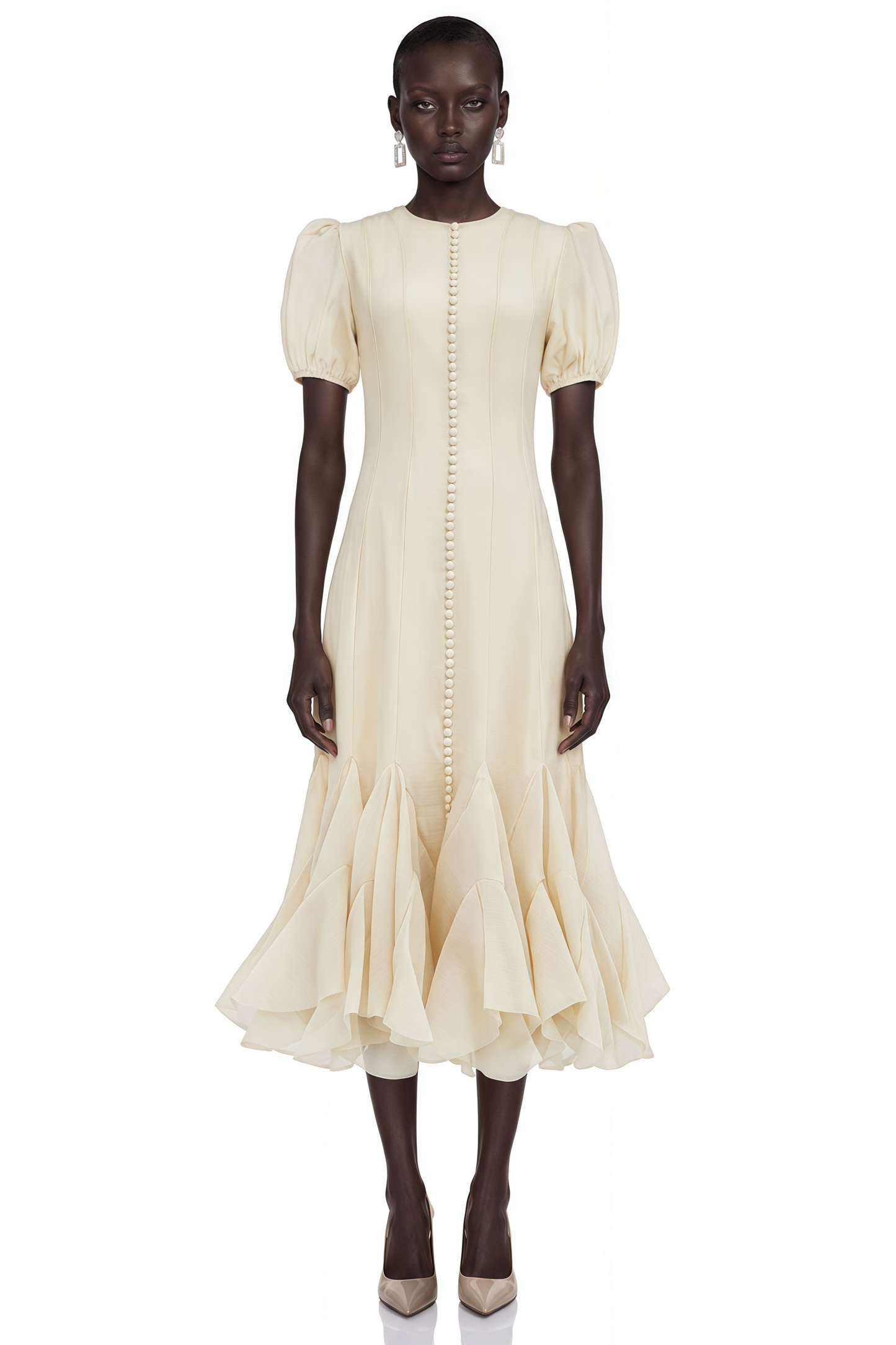 Defne Cream Ruffled Pleated Maxi Dress