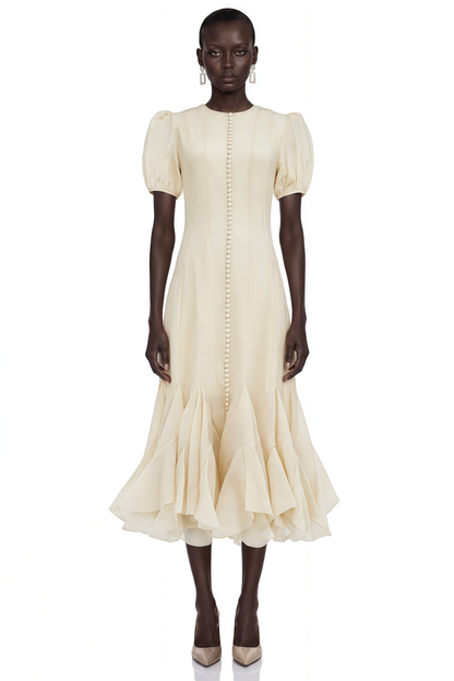Defne Cream Ruffled Pleated Maxi Dress