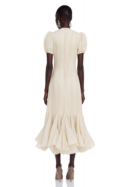 Defne Cream Ruffled Pleated Maxi Dress