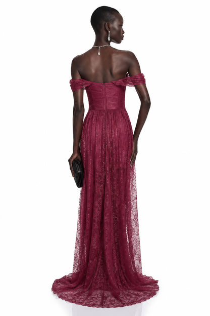 Defne Burgundy One Shoulder Ruched Lace Maxi Dress