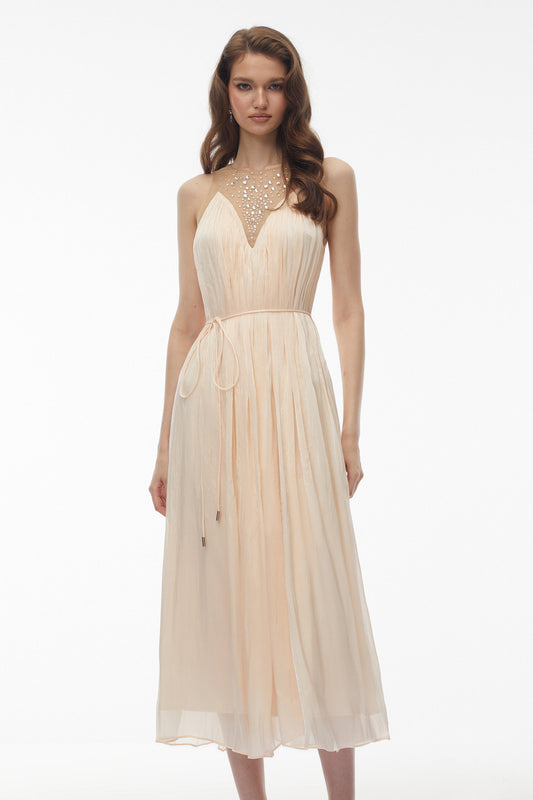 Deirdre Pink Embellishment Ruched Midi Dress