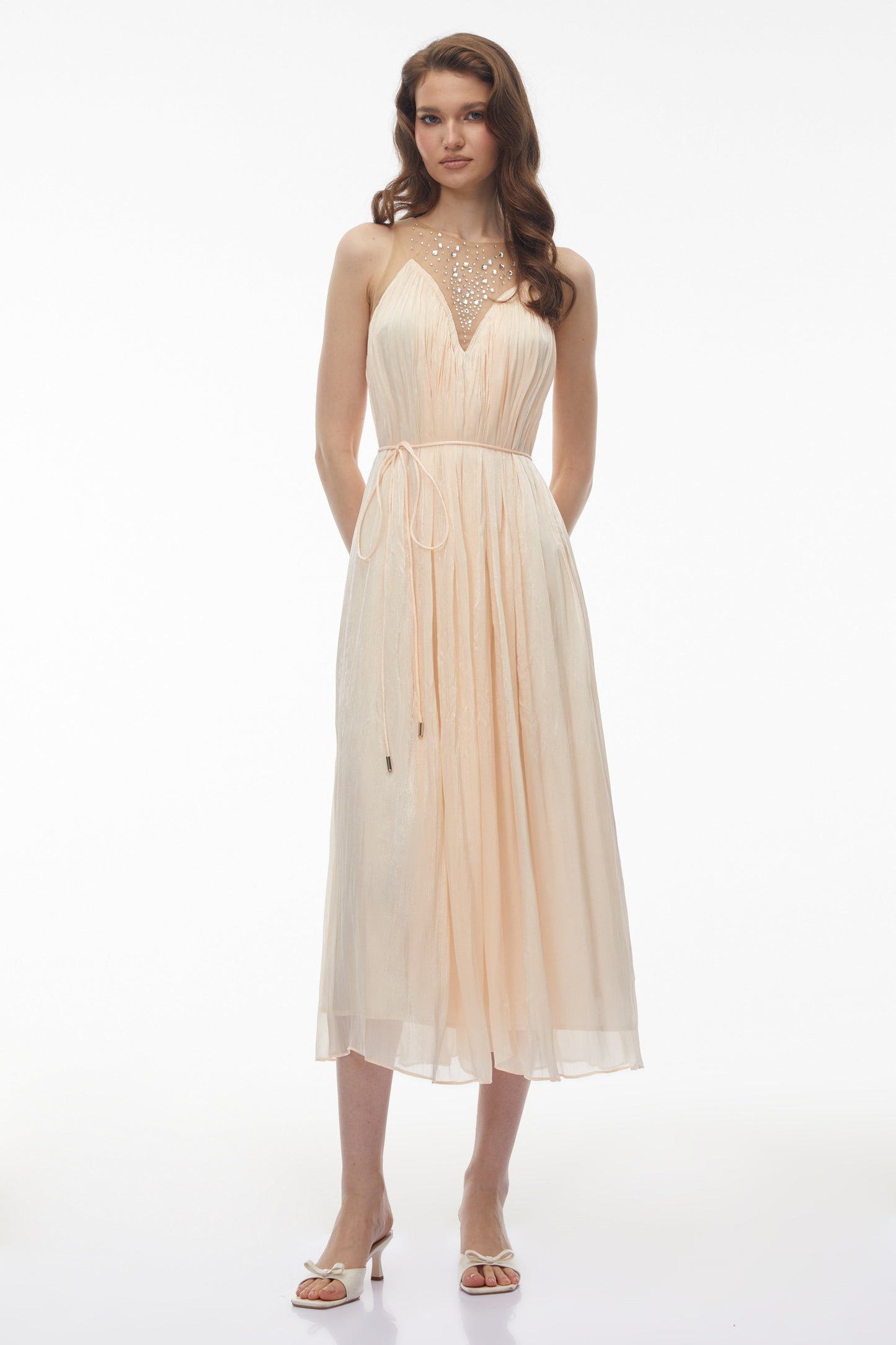Deirdre Pink Embellishment Ruched Midi Dress