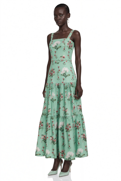 Delilah Green Floral Print Midi Dress with Spaghetti Straps