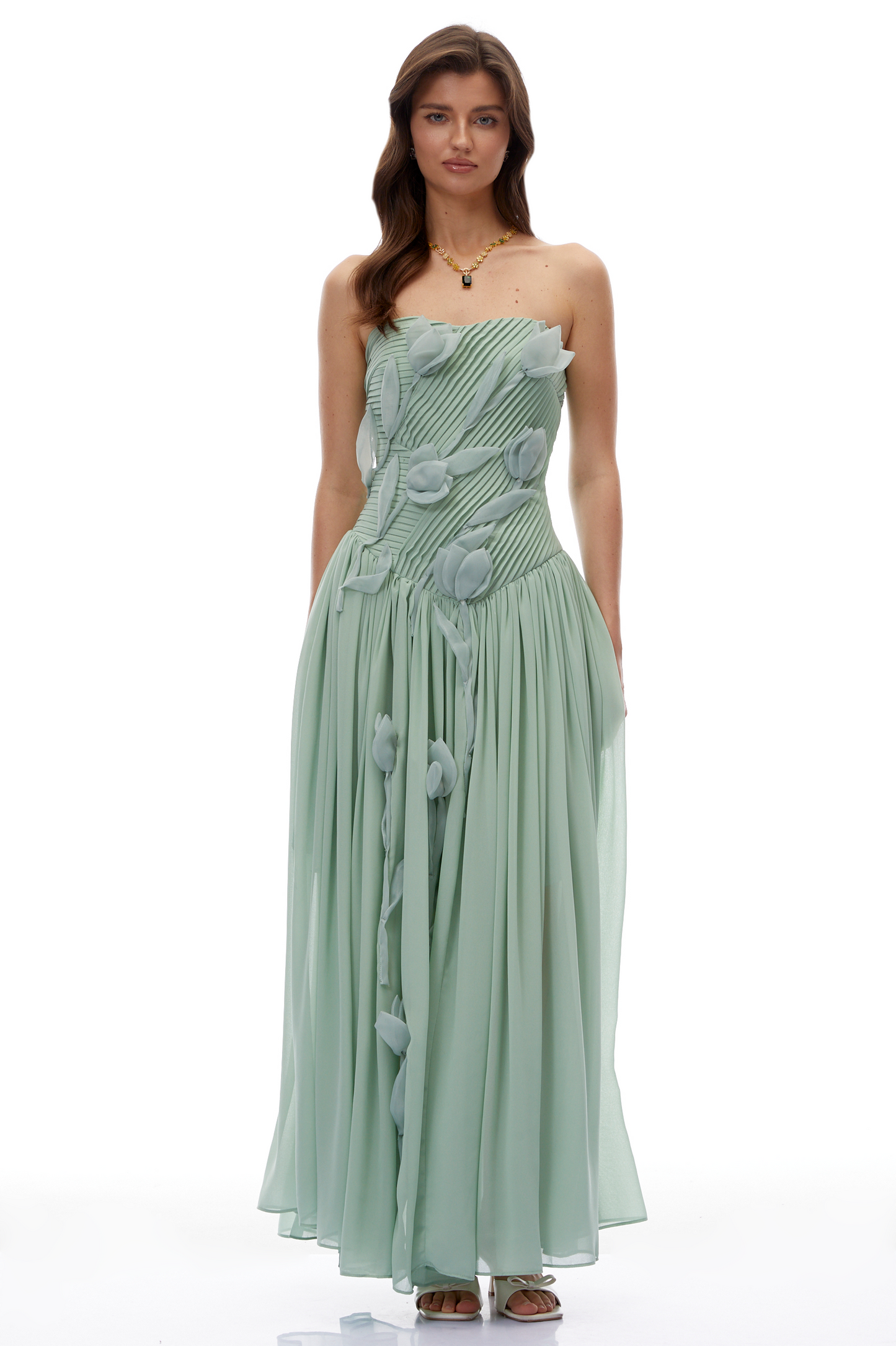 Delphine Yeşili Dantelli 3D Çiçekli Maxi Elbise