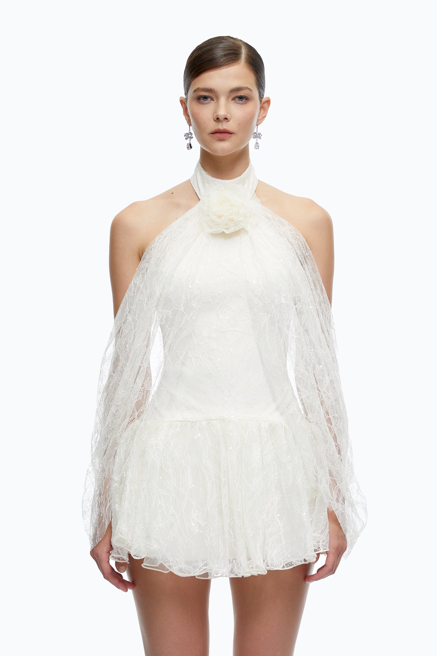 Delphine White Halterneck Lace Mini Dress