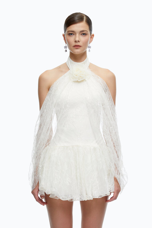Delphine White Halterneck Lace Mini Dress