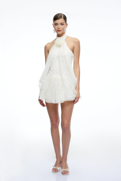 Delphine White Halterneck Lace Mini Dress