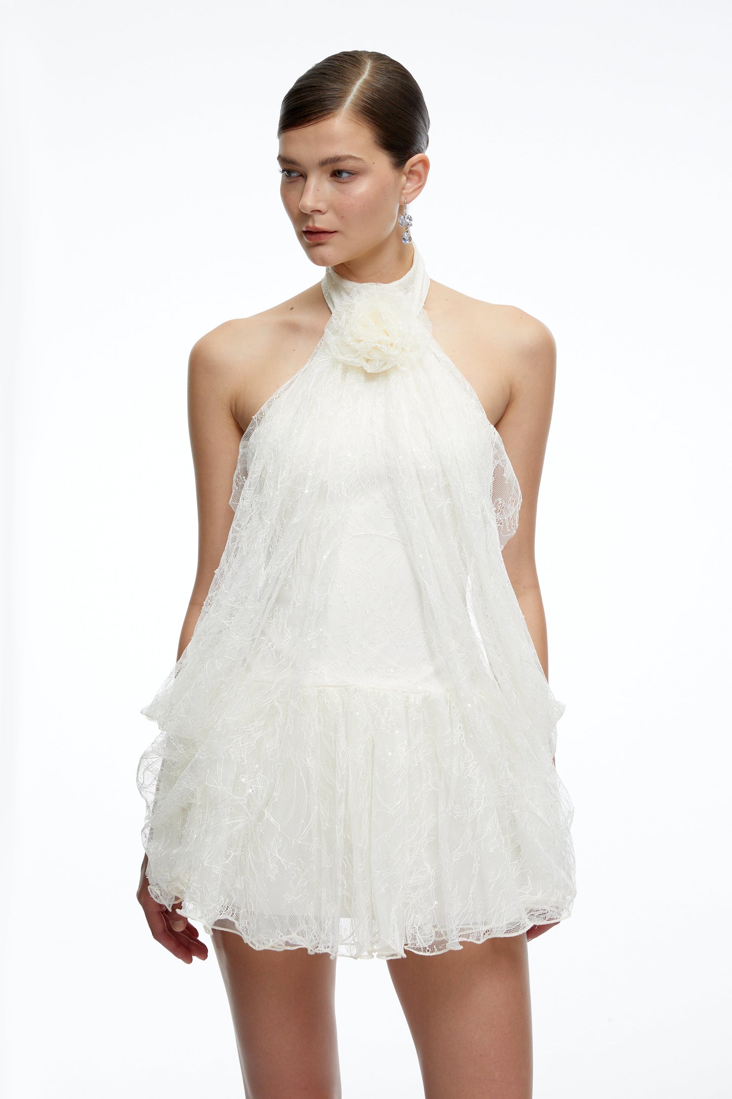 Delphine White Halterneck Lace Mini Dress