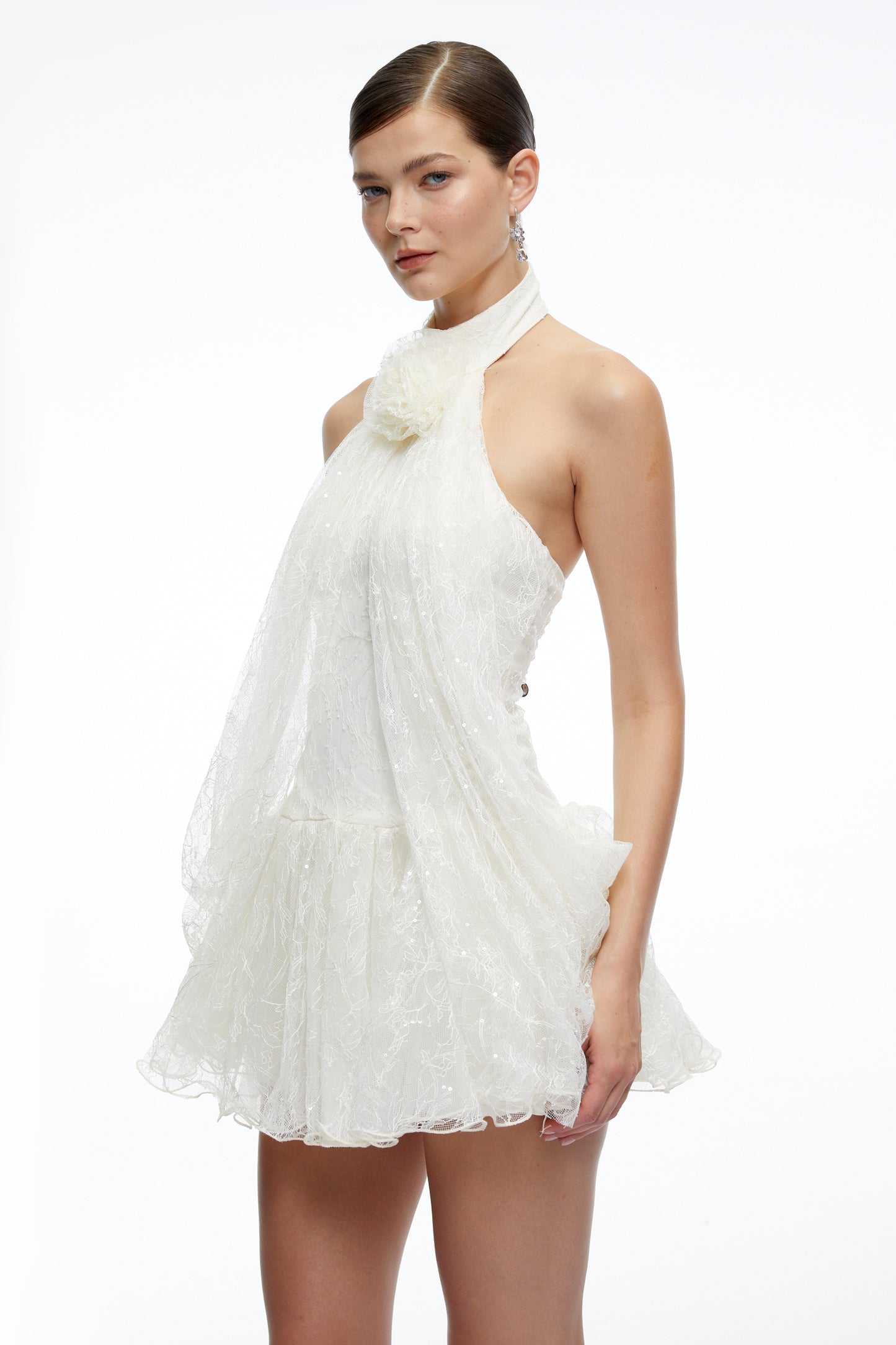Delphine White Halterneck Lace Mini Dress