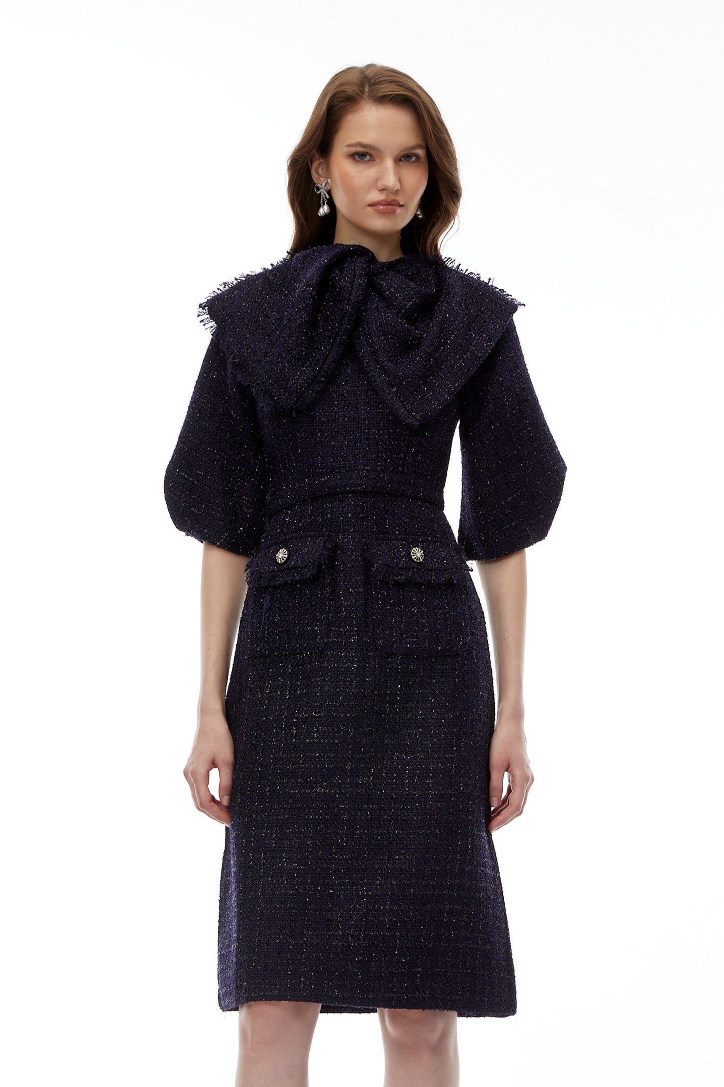 Demetria Blue Tweed Midi Dress with Bow