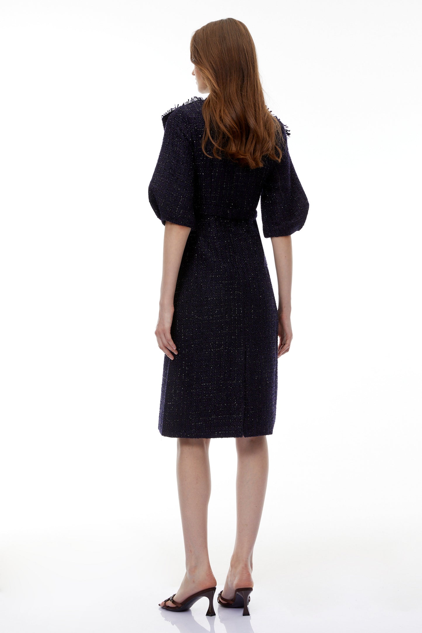Demetria Blue Tweed Midi Dress with Bow