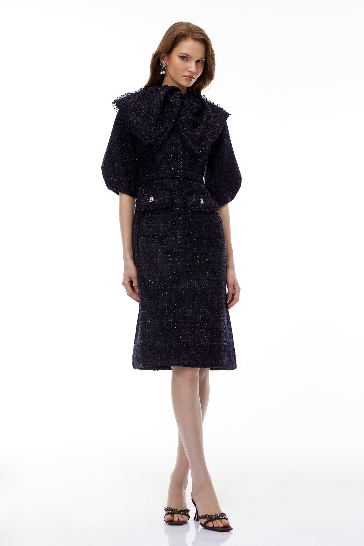 Demetria Blue Tweed Midi Dress with Bow